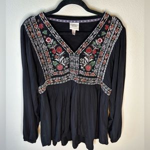 Knox Rose Embroidered Long Sleeve Black Blouse Size L